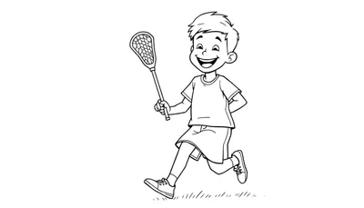 Placa de color de un niño sonriente corriendo con un palo de lacrosse.