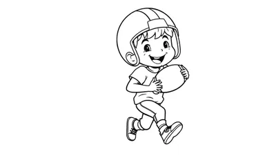 Un niño con casco de fútbol corriendo con un balón, listo para la placa de color.