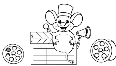 Un ratón de dibujos animados con sombrero de copa en una placa de película, sosteniendo una paleta y un megáfono, listo para filmar una película, ideal para una placa de color.