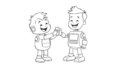 Página para colorear de dos niños con disfraces de robot dándose la mano, con la placa de color indicada.