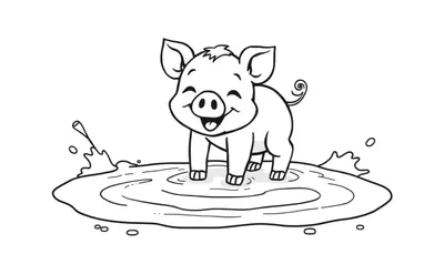 Cerdo de dibujos animados jugando en un charco, listo para colorear en la placa de color.
