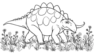 Un dinosaurio amigable con placas de color, rodeado de flores.