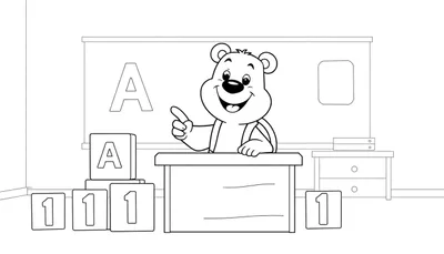 Oso aprendiendo la letra A y el número 1 en un salón de clases con una pizarra, bloques y un armario.