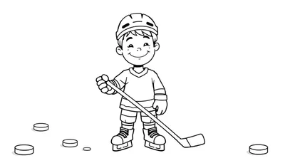 Un niño sonriente jugando al hockey sobre hielo, listo para colorear en esta placa de color.