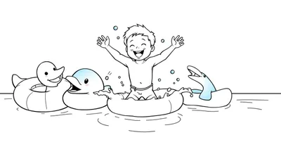 Placa de color: niño sonriente jugando con flotadores de animales en el agua.