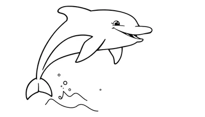 Placa de color de un delfín de dibujos animados sonriente saltando fuera del agua con burbujas y olas.