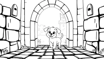 Perro feliz explorando un castillo en una placa para colorear.