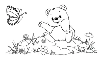 Oso de peluche saludando en un paisaje con flores y setas, listo para colorear con placa de color.