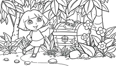 Placa de color en blanco y negro de Dora la Exploradora y Botas buscando un tesoro en la jungla.