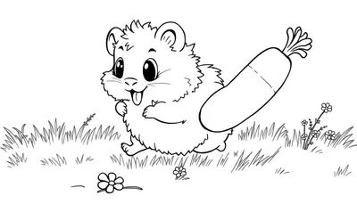 Un hámster de dibujos animados corriendo con una zanahoria, listo para colorear en una placa.