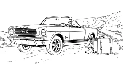 Un Ford Mustang convertible clásico para colorear, con la placa de color lista para una aventura.