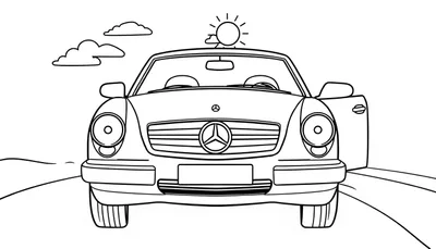 Página para colorear en blanco y negro de un adorable coche Mercedes-Benz clásico con una puerta abierta, listo para la aventura. Un sol feliz y nubes están en el cielo. El coche está en una carretera y es un diseño sencillo para niños, esperando la placa de color.