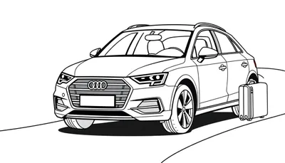 Un coche Audi Q3 estilo línea en blanco y negro, con una maleta al lado, listo para colorear y una placa de color para la aventura.
