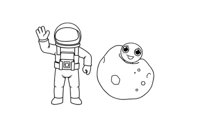 Astronauta de Among Us sonriendo a un asteroide amistoso, listo para colorear con placa de color.