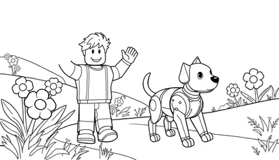 Un niño de Roblox con pelo puntiagudo saluda junto a un perro robótico en un prado con flores.