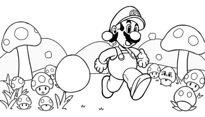 Mario corriendo en el Reino Champiñón, una página para colorear