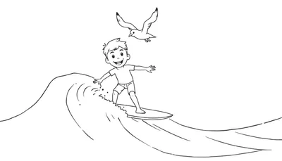 Placa de color de un niño sonriente surfeando una ola con una gaviota feliz volando.