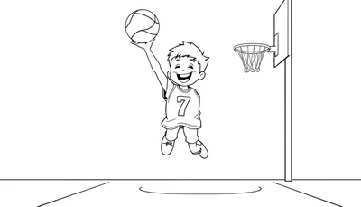 Dibujo a blanco y negro de un niño feliz jugando al baloncesto, saltando para anotar, con el número 7 en su camiseta y un aro de baloncesto al fondo. Una invitación a añadir color a la placa.