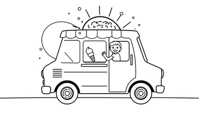 Página para colorear de un camión de helados amigable en una carretera soleada con confeti y chispas, lista para añadir color con la placa de color.