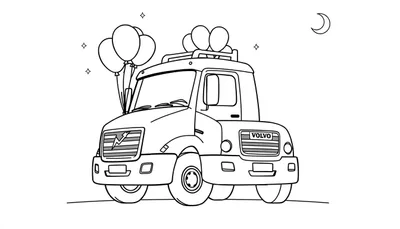 Un camión Volvo de dibujos animados negro y blanco con globos y estrellas, listo para colorear con la placa de color.