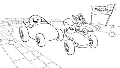 Ilustración en blanco y negro de una carrera de karts con un personaje con forma de huevo, una ardilla con casco y conos de tráfico, con la línea de meta visible.