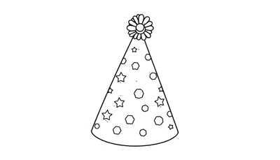 Placa de color de un gorro de fiesta cónico con estrellas, hexágonos y puntos.