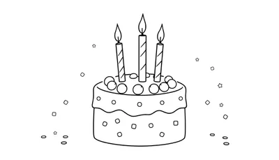 Placa de color con un dibujo lineal de un pastel de cumpleaños de dos capas con tres velas encendidas, confeti y cerezas.
