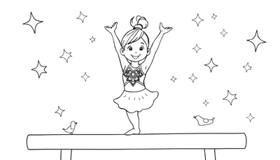 Una niña sonriente en la placa de color de gimnasia celebrando en una viga de equilibrio con estrellas y pájaros.
