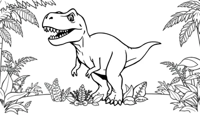 Placa de color de un T-Rex en la selva con la boca abierta.
