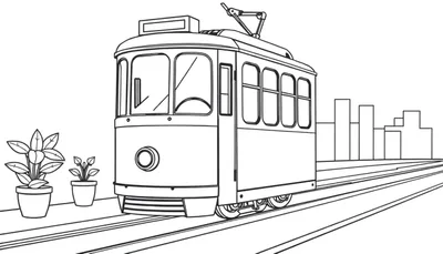 Un dibujo lineal en blanco y negro de un tranvía feliz en la ciudad, listo para colorear, con macetas y edificios en el fondo.