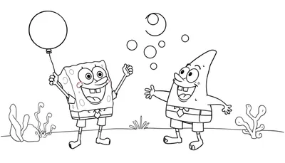 Página para colorear en blanco y negro de Bob Esponja y Patricio sosteniendo un globo en Fondo de Bikini.