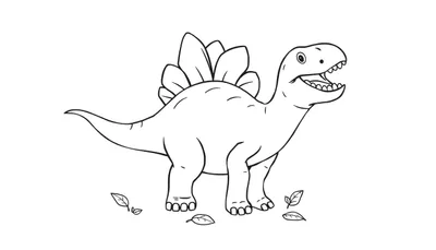 Un dibujo lineal de un estegosaurio con grandes placas en la espalda y la boca abierta, listo para ser coloreado, con hojas alrededor.