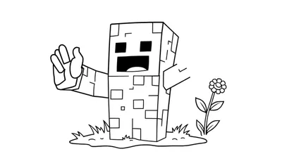 Un golem de Minecraft saludando junto a una flor, listo para colorear en una placa de color.