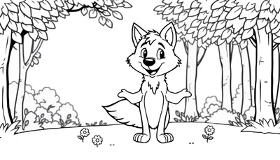 Lobo sonriente con los brazos abiertos en un bosque, listo para colorear en una placa de color.