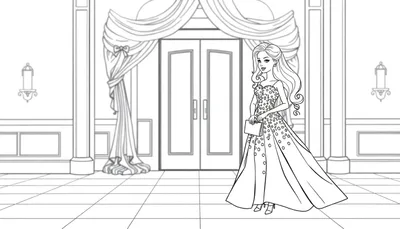 Placa de color de Barbie con vestido elegante en una habitación.