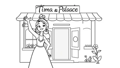 Página para colorear de Tiana saludando frente a su restaurante 'Tima & Palaace', una placa de color.