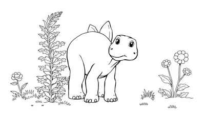 Un simpático dinosaurio con placas para colorear rodeado de flores y plantas.