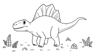 Un dibujo de un espinosaurio amigable con su gran placa de color dorsal.