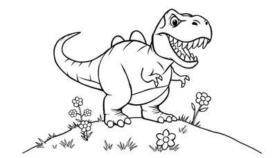 Un dinosaurio de dibujos animados de color verde con dientes afilados y grandes ojos, de pie en una colina cubierta de flores y hierba. Las líneas son gruesas y sencillas, ideales para colorear.