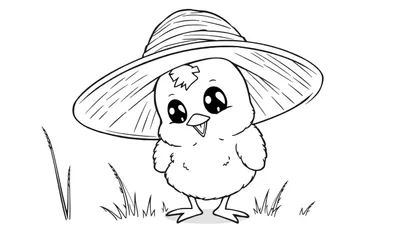 Pollito con sombrero de paja, página para colorear de placa de color.