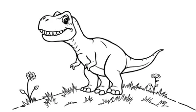 Un dibujo de un T-Rex amigable listo para ser coloreado, con una placa de color en la imagen.