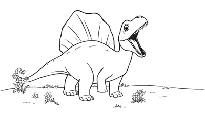 Un dibujo lineal de un Espinosaurio con una gran vela en la espalda, listo para colorear, con una placa de color.