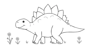 Un dibujo lineal en blanco y negro de un Estegosaurio sonriente con grandes placas de colores en la espalda y espinas en la cola, rodeado de flores.