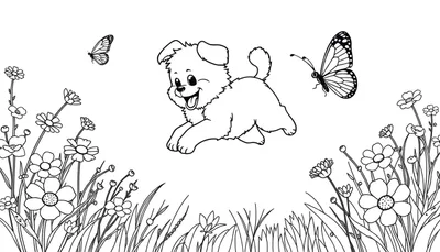 Un cachorro juguetón persiguiendo una mariposa en un campo de flores, listo para ser coloreado en una placa.