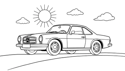 Un coche clásico Mercedes-Benz para colorear con la placa de color en un paisaje soleado.