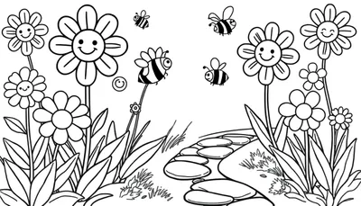 Placa de color de un jardín con flores sonrientes y abejas felices.