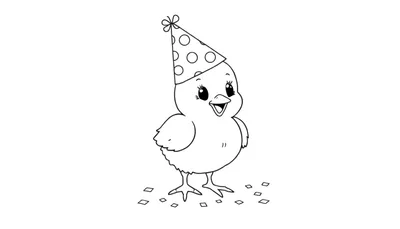 Un pollito de dibujos animados para colorear con un gorro de fiesta, listo para añadirle color a la placa.
