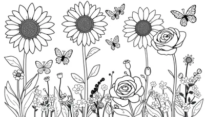 Placa de color de un jardín con girasoles, rosas y mariposas.