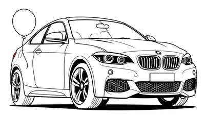 Un coche deportivo BMW para colorear, con líneas gruesas y un globo en la parte trasera, listo para añadirle color a su placa.