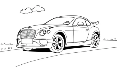 Un coche deportivo Bentley para colorear en la carretera con nubes, listo para ser rellenado con color.